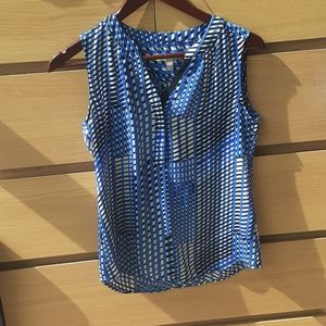 Banana Republic Blue White Black Striped Patterned Shell V Sleeveless Top xsp